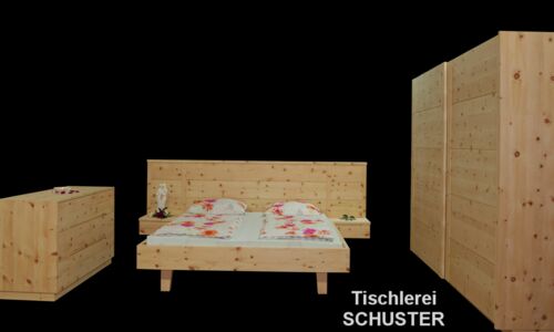 Arvenbett BLETTERBACH mit Arvenschrank STELLUNE und Arvenkommode BRENTA